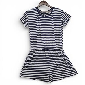 Alex's Lemonade Stand Women L Romper Navy White Striped Stretch Casual Summer